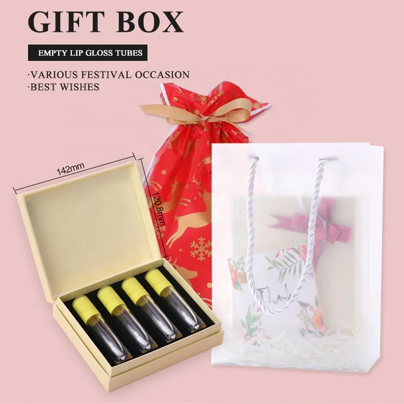 Square golden box present 8ml pink purple white blue empty cylinder clear lipgloss tubes container with wand