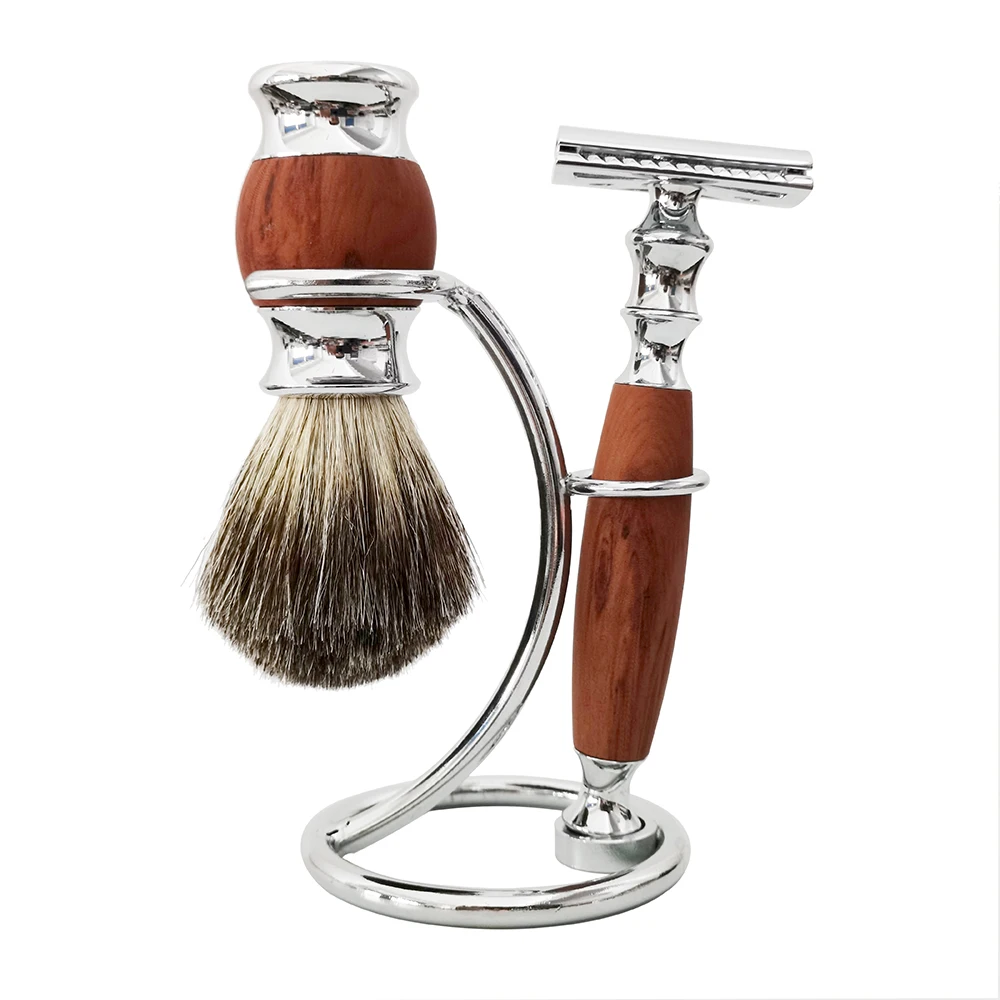 High Quality Shaving Tools Set Pure Badger Shaving Brush Double Edge Safety Razor Stainless Steel Stand 3 in 1 Shaving Kit