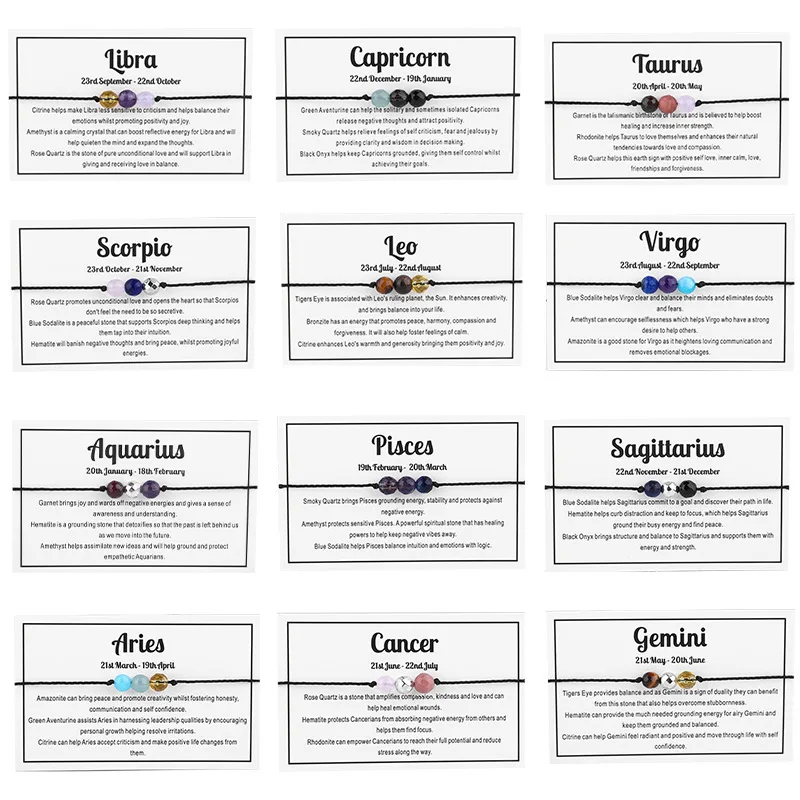 12 Zodiac Constellation Natural Stone Bracelet for Women Girls Men Healing Gemstone Crystals Zodiac Gifts