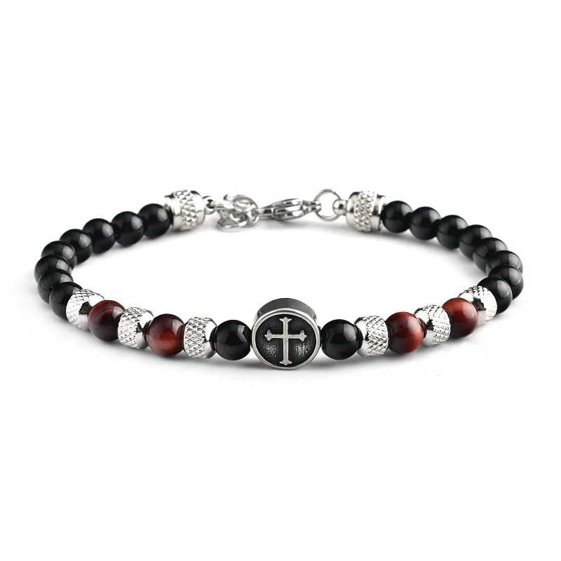 Fashion Small 6mm Tiger Eye Beads Bracelets, Stainless Steel Faith Cross Charm Bead Bracelets for Men