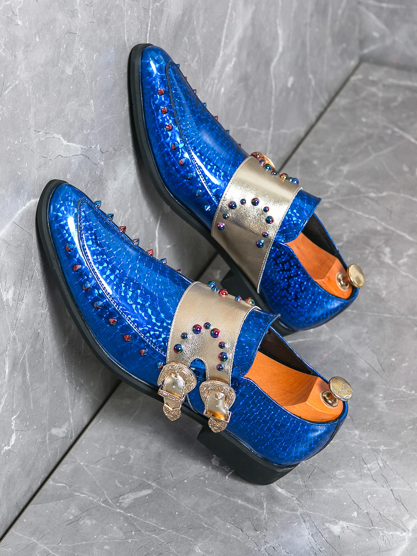 Golden Fancy Formal Loafer Colorful Rivet Upper Double Monk Strap Slip On Men Luxury Dress Shoes