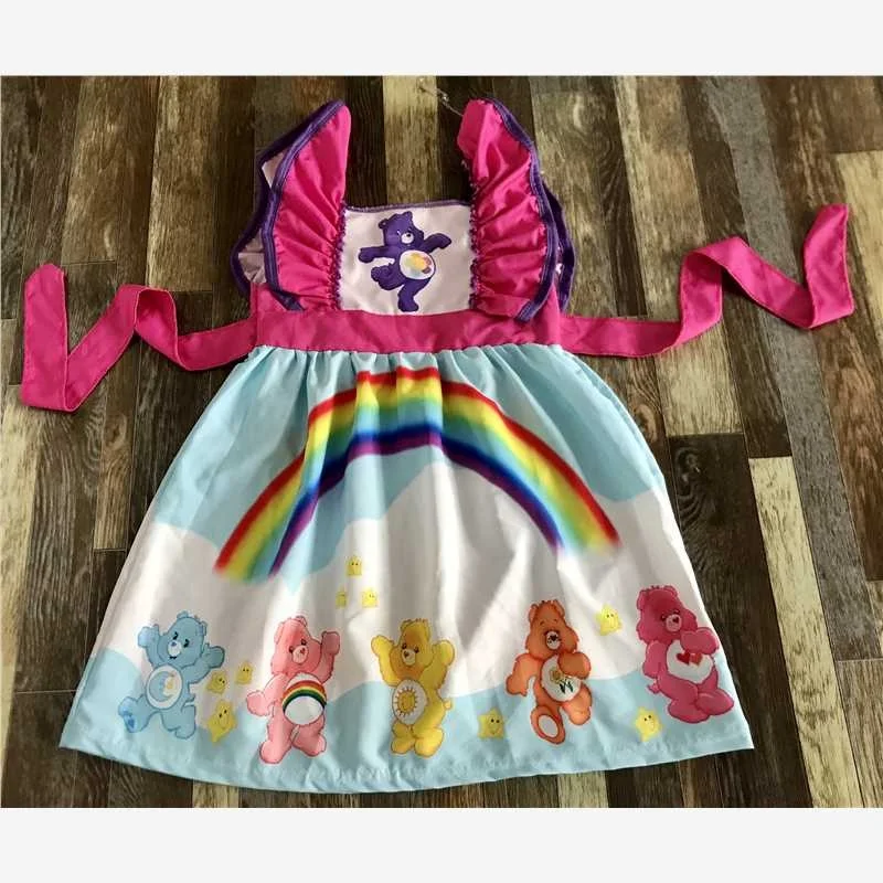 
Girls dress summer wholesale hot selling lovely dress little bear print with belt knee-length skirt 