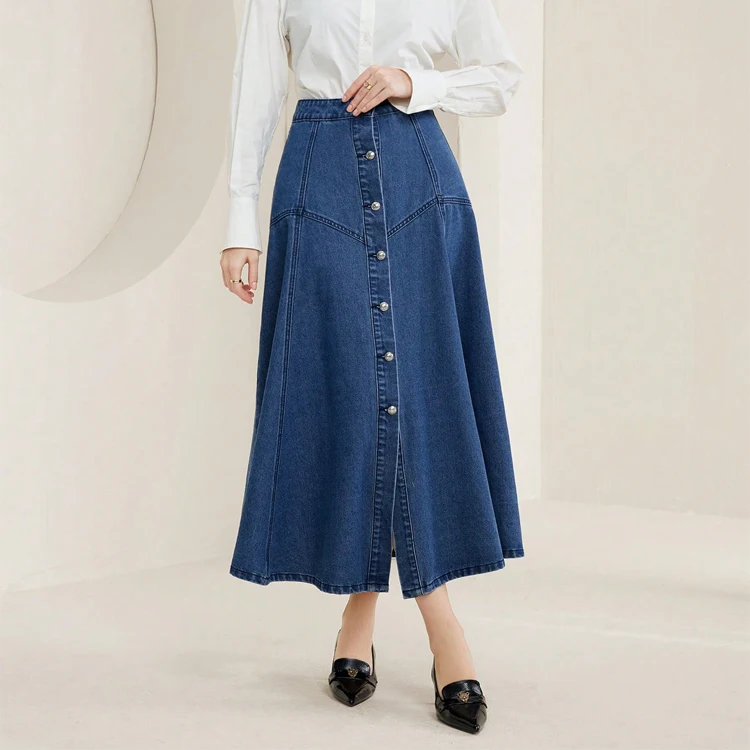 Wholesale New Style Woman Casual Blue Loose Button Front Flare Hem Denim Jeans A-Line Long Skirts