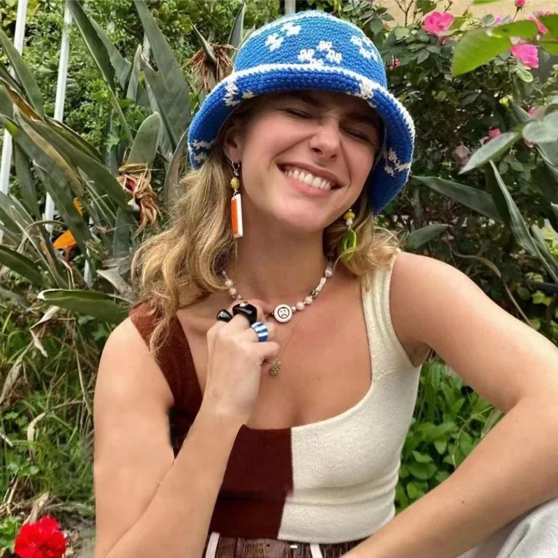 Vintage Flowers Crochet Bucket Hat Women Weave Fisherman Hat Ladies Summer Breathable Sun Hat Fashion Travel Panama