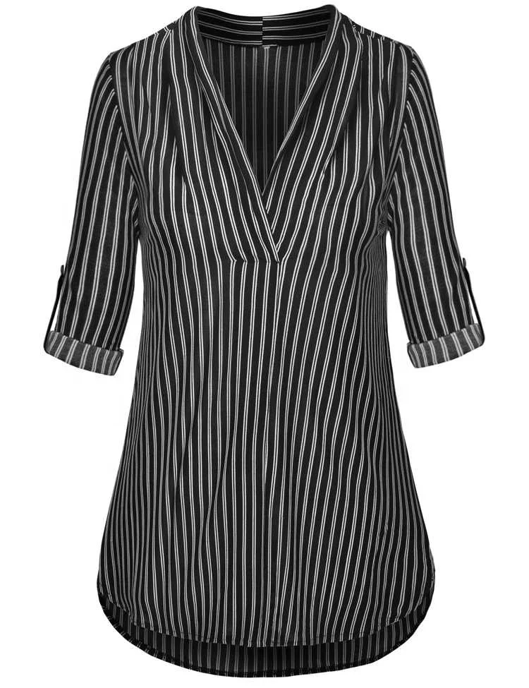 Latest Design Women Casual Wear Long Sleeve Split V Neck Tunic Tops