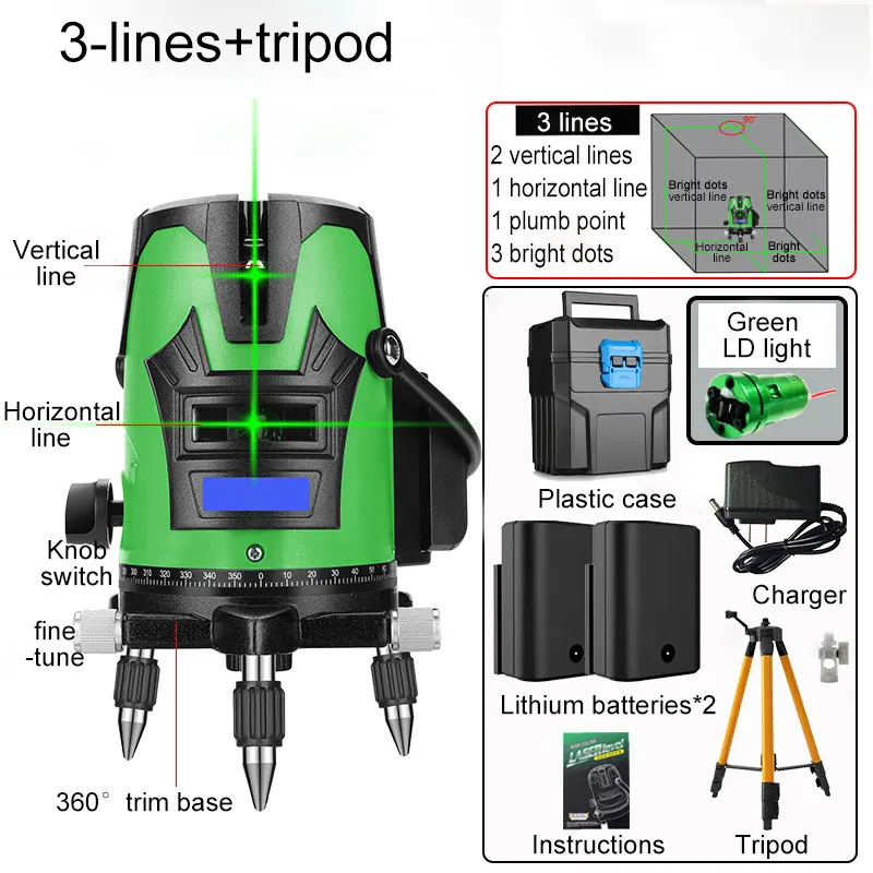 3 Lines Tripod Multipurpose Outdoor Laser Level Rotary with Spirit Scale Green