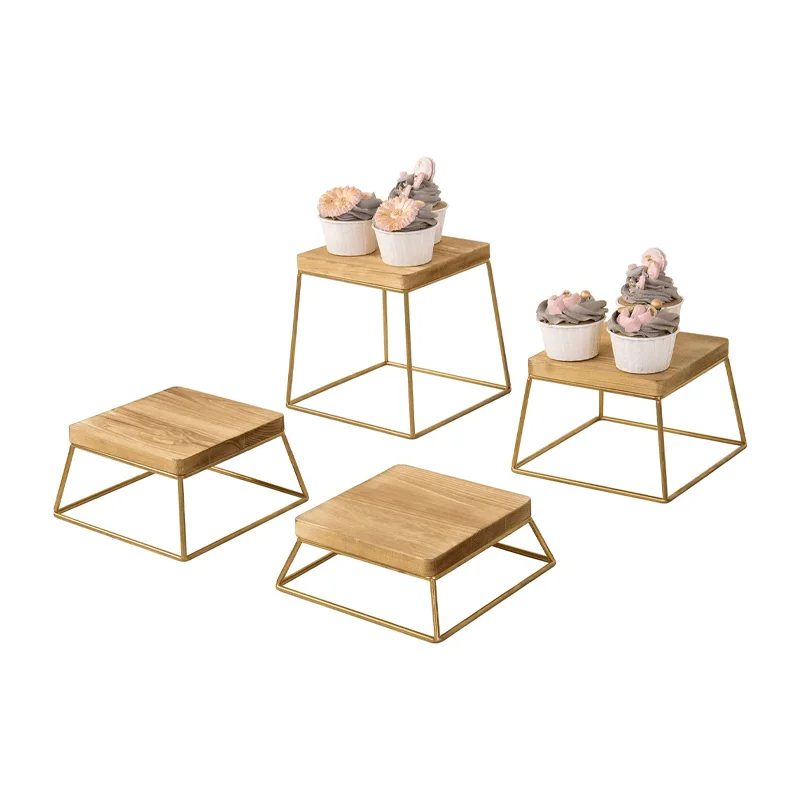 Pizza Boards Set of 4 Burnt Wood & Gold Metal Wire Square Retail Food Display Risers Square Wooden Display Risers