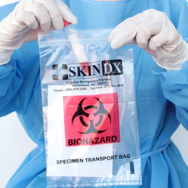 Custom peel sample label self strip bone purple dustbin drawstring lab duffle collection zipper lock specimen biohazard bags