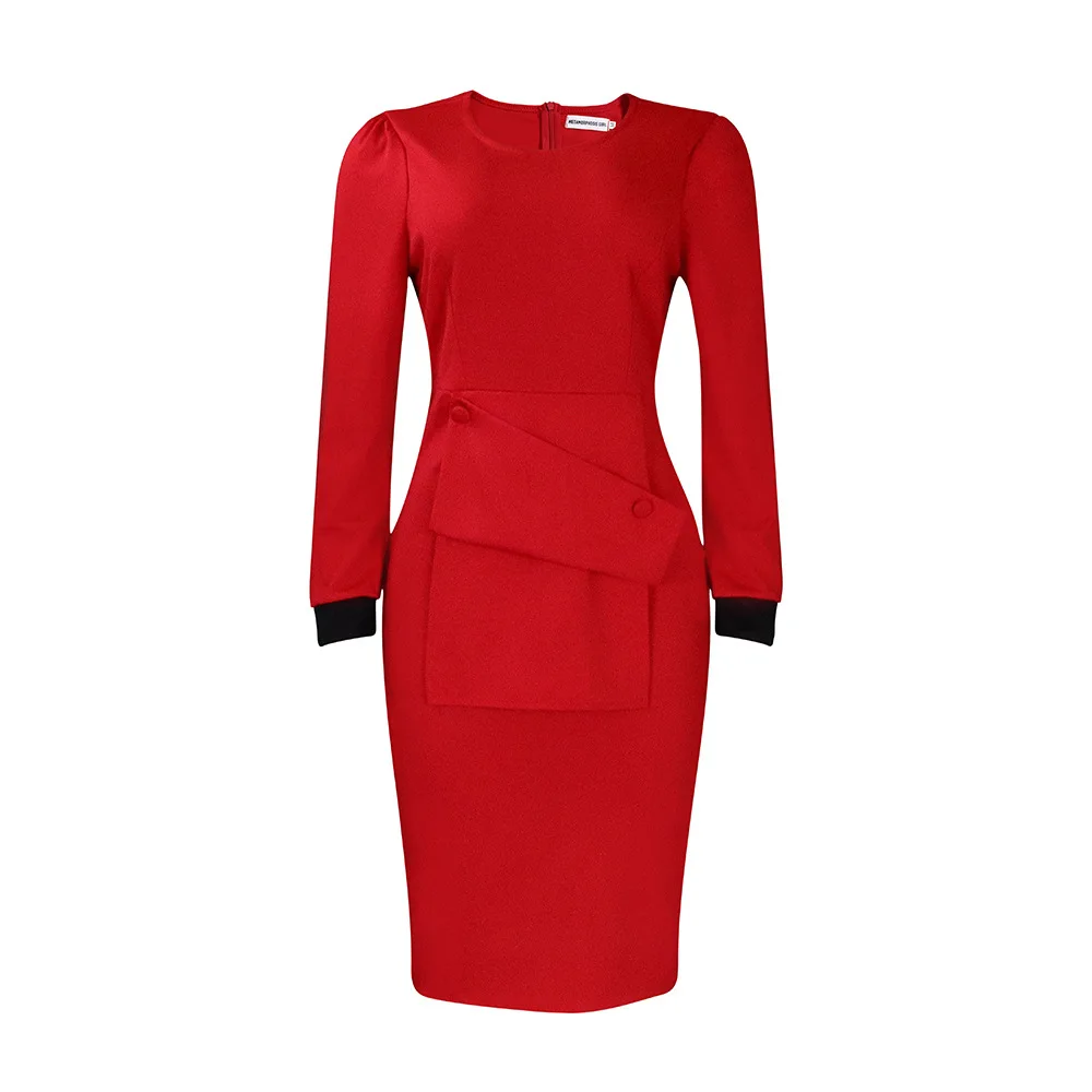 Autumn New Office Ladies Dress Long Sleeve Peplum Slim Fit O Neck Pencil Elegant African Career Dresses