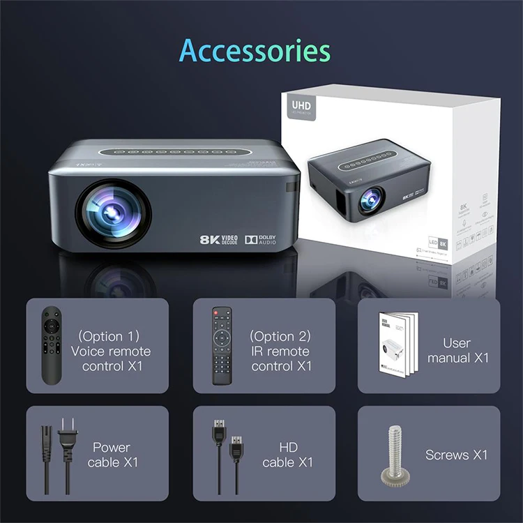 Ready to ship home projector 4k home theater 12000 lumens 8k android 9 dual wifi smart projector with voice remote control