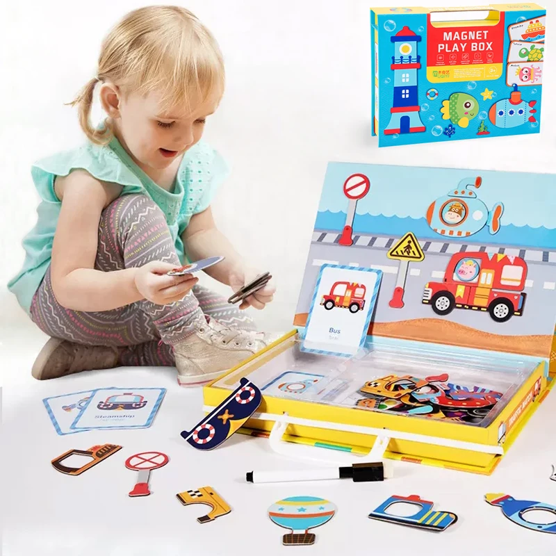 New arrival four theme interesting wooden magnetic puzzle game 3D puzzle educational game box toy set