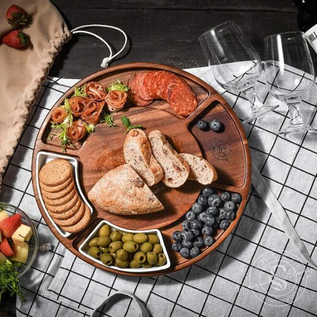 
Eco Friendly Wood round Cheese Board With Stainless Steel Knife set And Ceramic Bowls 