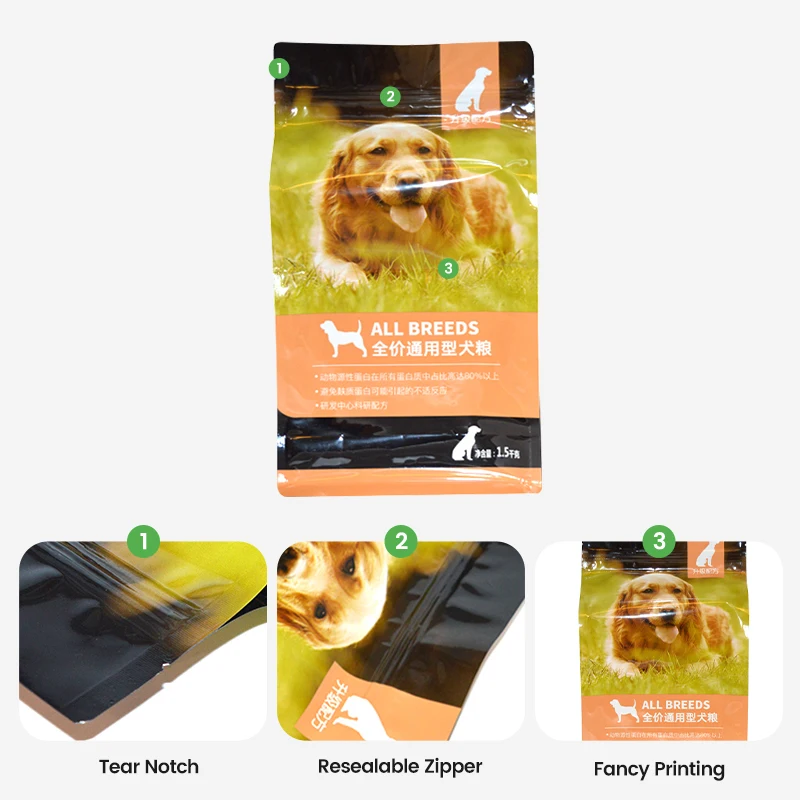 Packaging Printing Custom Flat Bottom Pouch Dry Pet Food Packaging Stand Up Plastic Bags For Dog Food