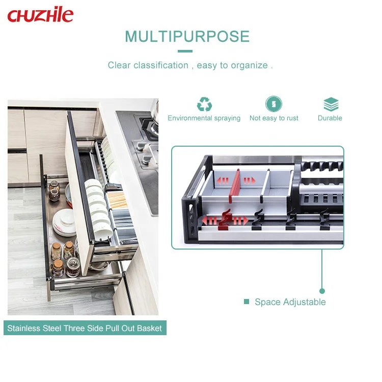 Home Kitchen Pantry Organizer Stainless Steel Standard Three Side Drawer Storage Pull Out Basket Flat basket