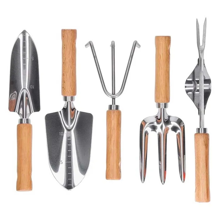 5 Piece stainless steel Garden hand Tool Set kit with wood handle gardening tools and equipment garden shovel weeder trowel