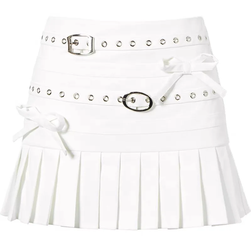 OEM ODM Ladies Casual Mini Skirt With High Rise Embroidered Denim Double Belt Bow Solid Black White Print Design