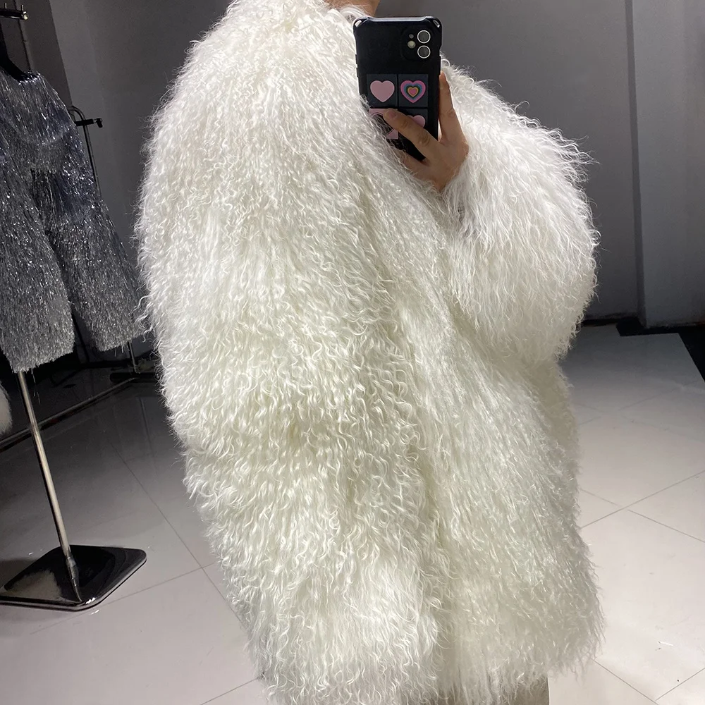 2024 Winter warm white mongolian fur coats wholesale white fluffy sheep fur coat real curly fur coat women