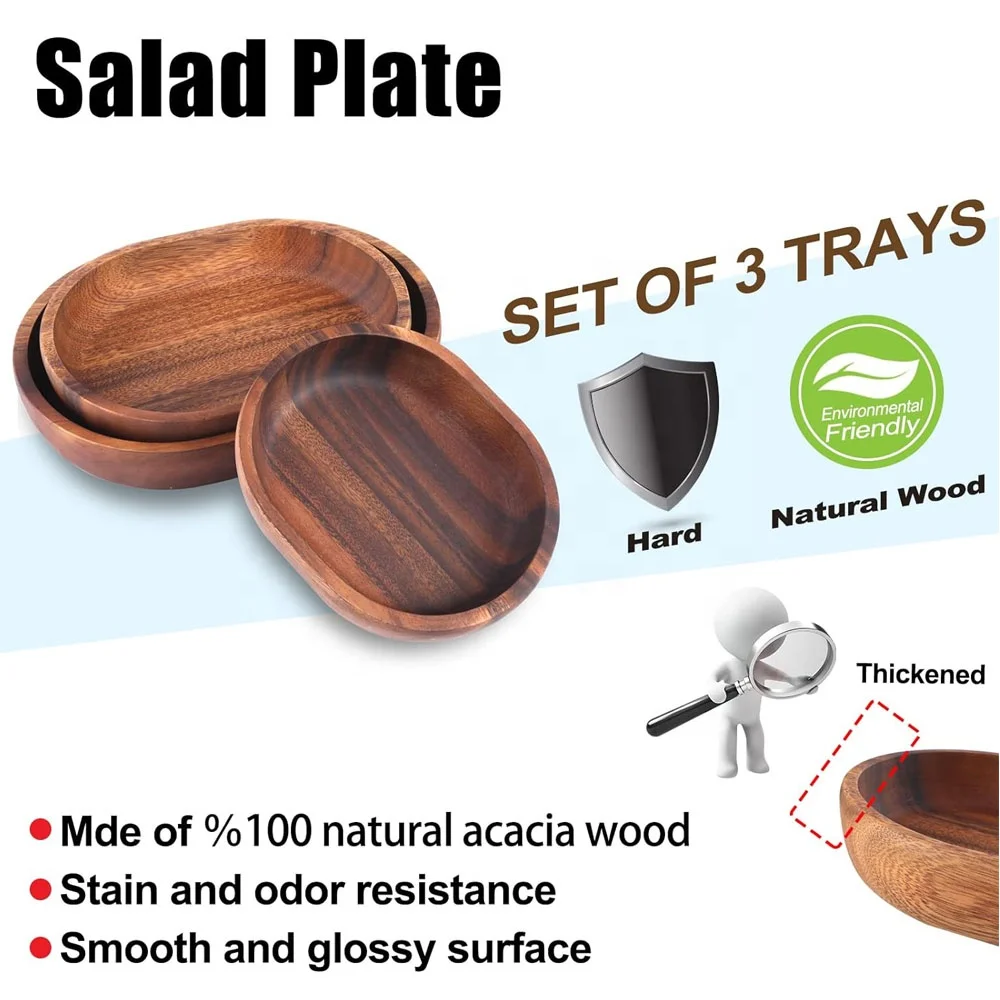 Wooden Salad bowl 3-piece Oval dessert display tray ideal for fruit food salad mixing and serving bowls