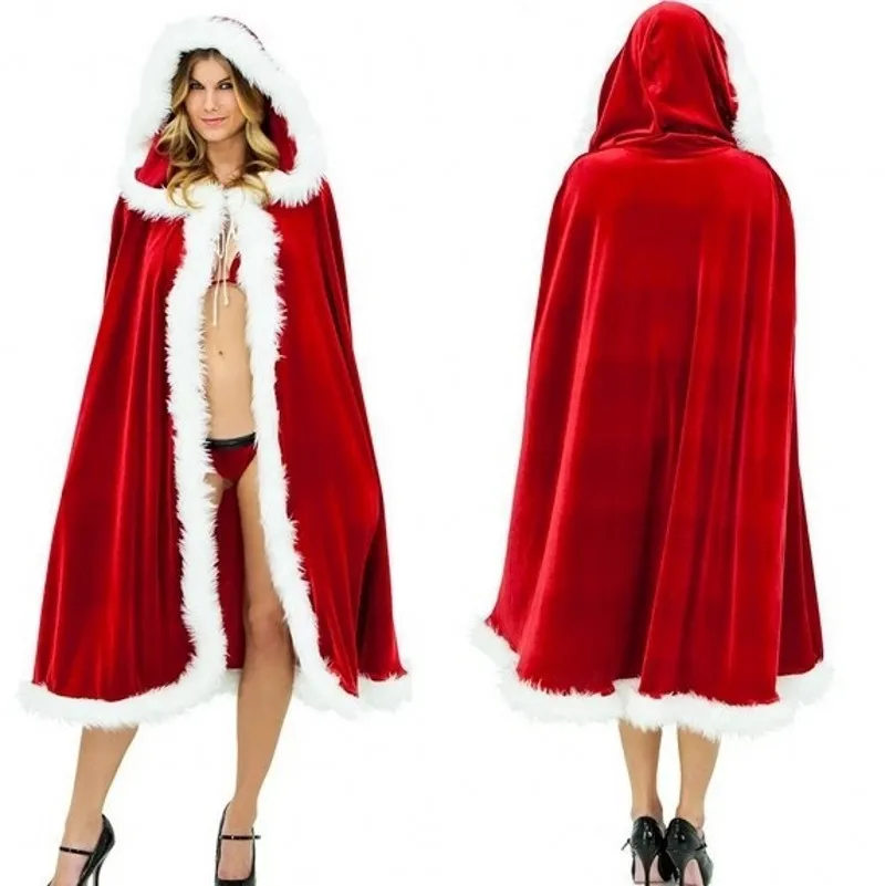 2021 Red Velvet Hooded Cape Cloak Sexy Santa Cosplay Christmas Costumes Women Carnival Party Clubwear Winter Warm Overcoat
