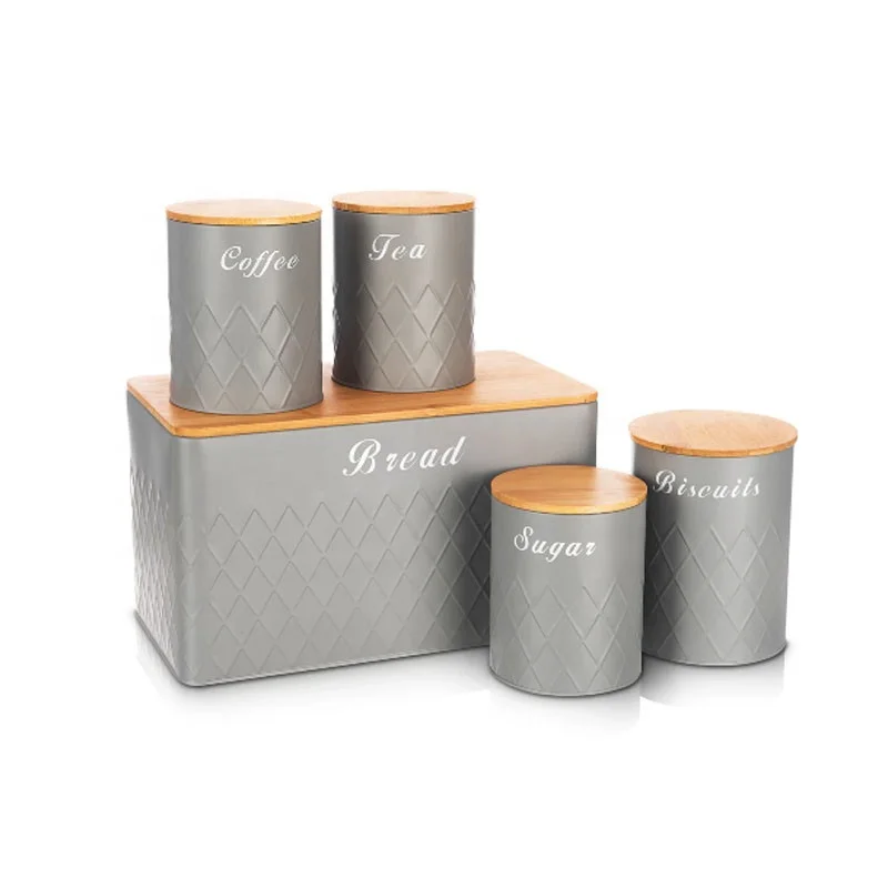 5pcs Kitchen Storage Set Airtight Bamboo Lids Grey Metal Container with Biscuit Barrel Canister Diamond Embossed Design