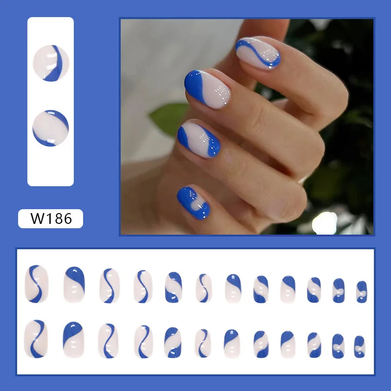 wholesale new arrive 3D blue stripe ABS manicure for summer simple fresh short round press on false nails for summer