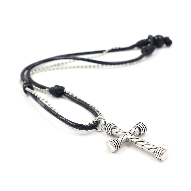 Mens Christian Jewelry Jesus Ancient Silver Alloy Cross Pendant Hand Made Necklaces