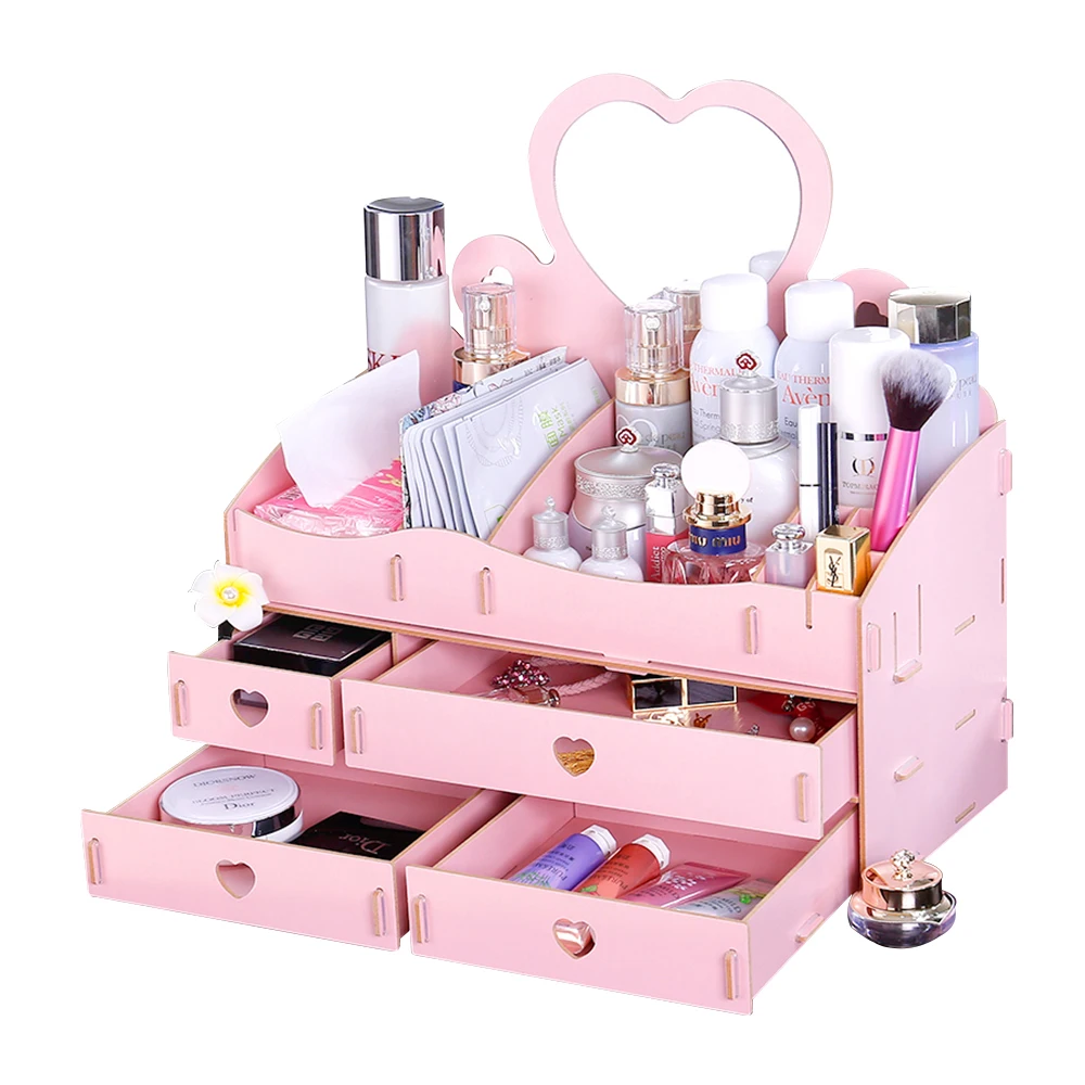 Wholesale DIY Wooden Cosmetics Box Big Makeup Container Storage Organizer Products W/ Adjustable Mirror, 4 Drawers, Tissue Box