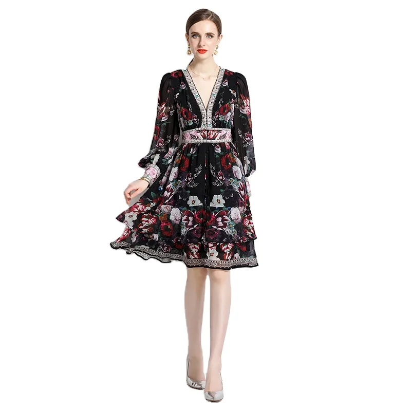 New deep V-neck balloon sleeves wavy print temperament dress QP6659078