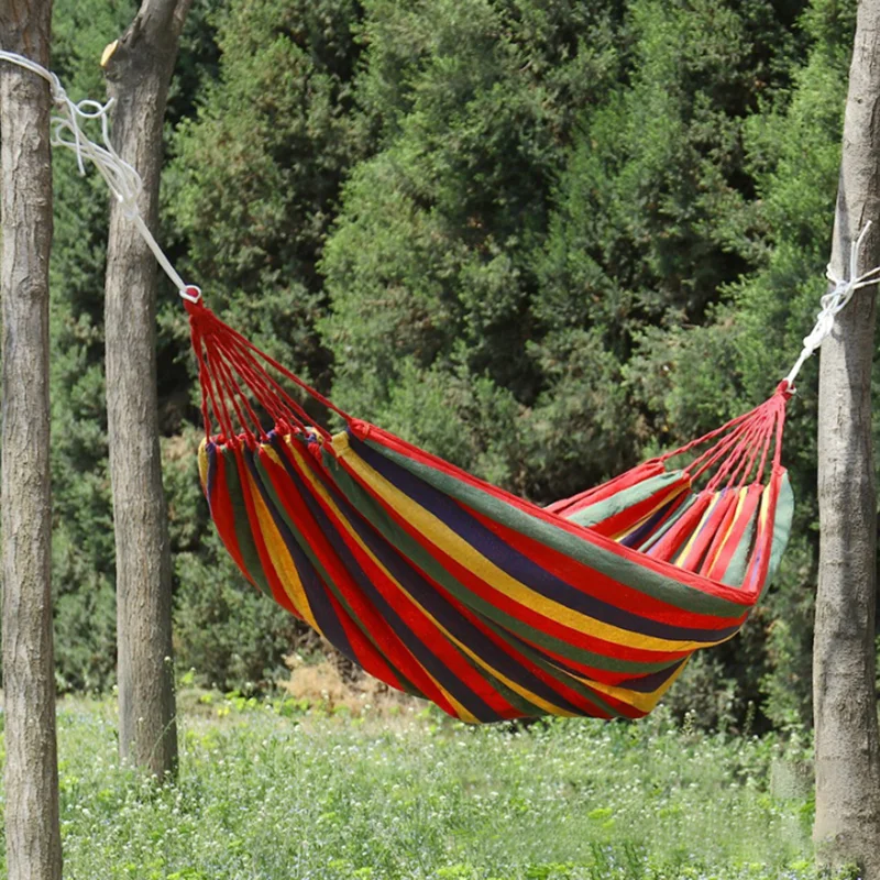 2 Persons Striped Hammock Outdoor Leisure Bed Thickened Canvas Hanging Bed Sleeping Swing Hammock for Camping