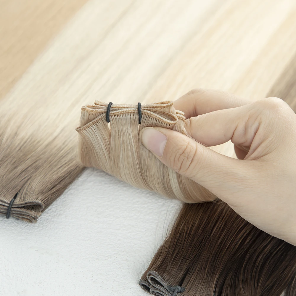 New Hand-Tied Human Russian Remy Hair Flat Invisible Weft Genius Weft Hair Extensions For Salon
