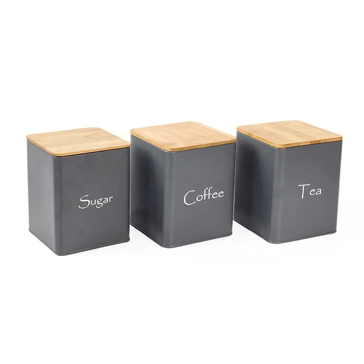 kitchen counter square tin 3 pcs set airtight Bamboo Lid tea coffee sugar metal coffee canister