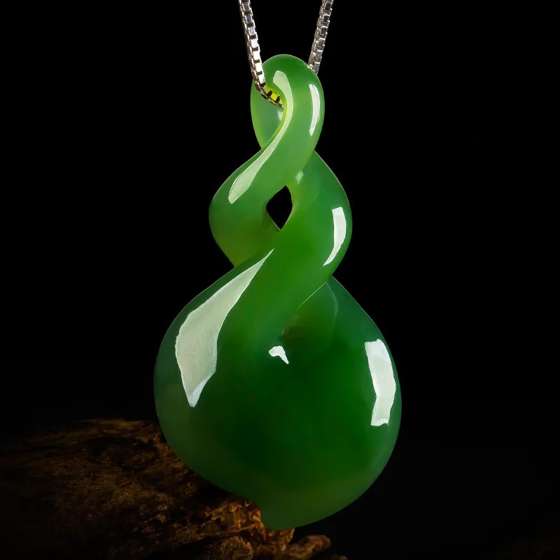 Mongolia Nephrite Jade Twist Pendant Jade Necklace Natural Greenstone Jade Double Twist Necklace