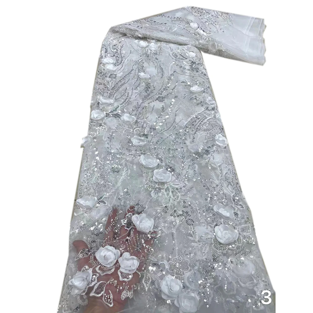 Bridal White 3D Flowers Lace Transparent Mesh Embroidery Tulle Fabric Applique with Beads for Sewing Wedding Dress Evening Gown