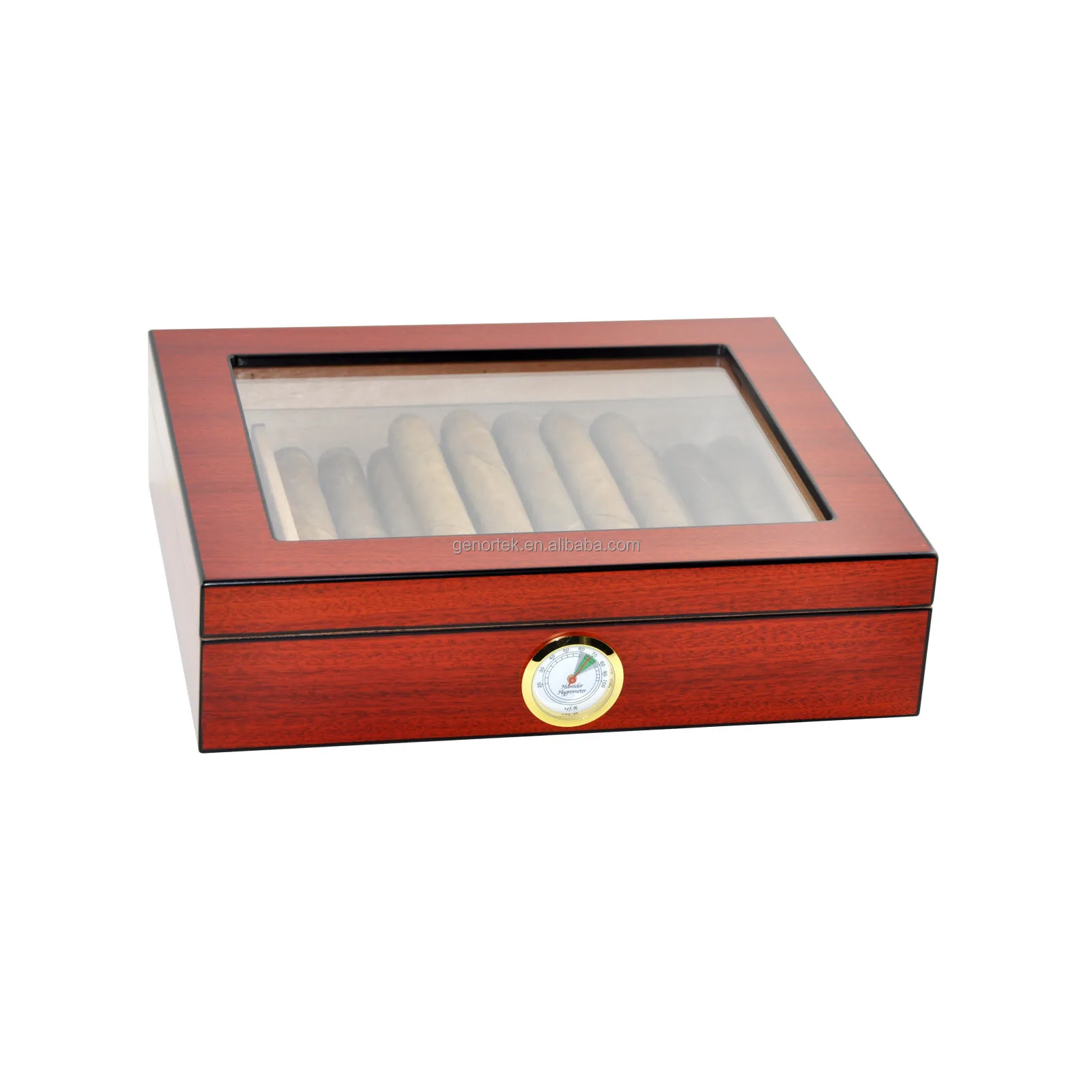 Wholesale Custom 20-25 Count Desktop Spanish Cedar Wood Cigar Case Luxury Tempered  Glass Top Wooden Cigar Humidor