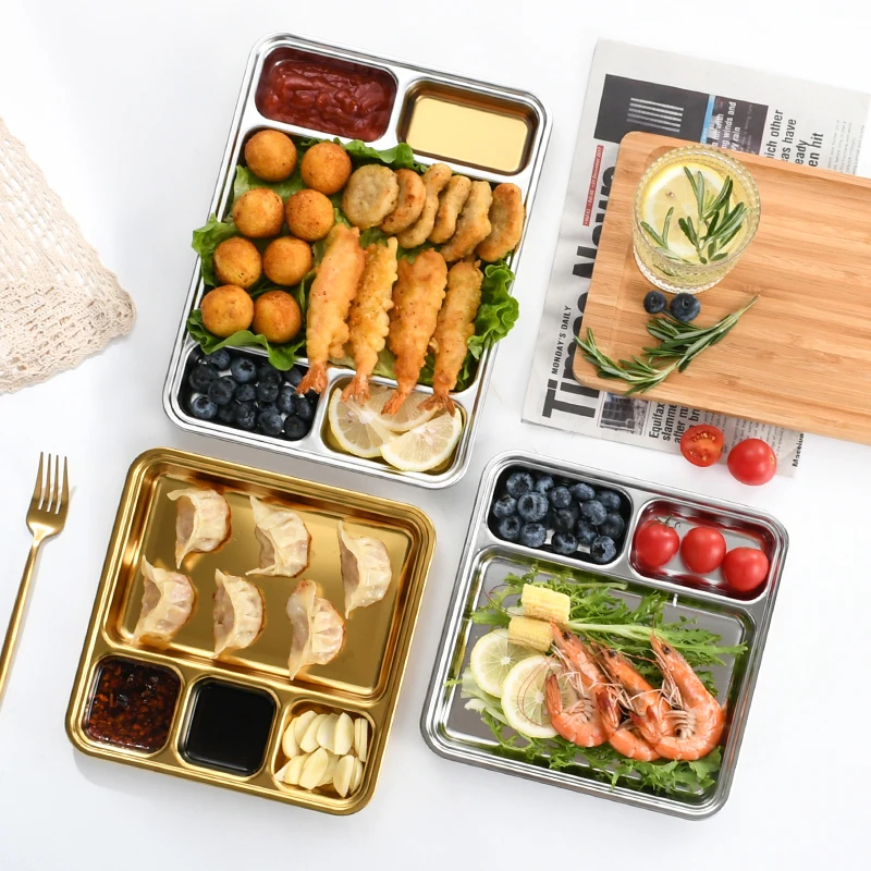 Factory SUS304 stainless steel grid plate barbecue buffet lunch Snack plates reusable fast food plate sauce barbecue meat tray