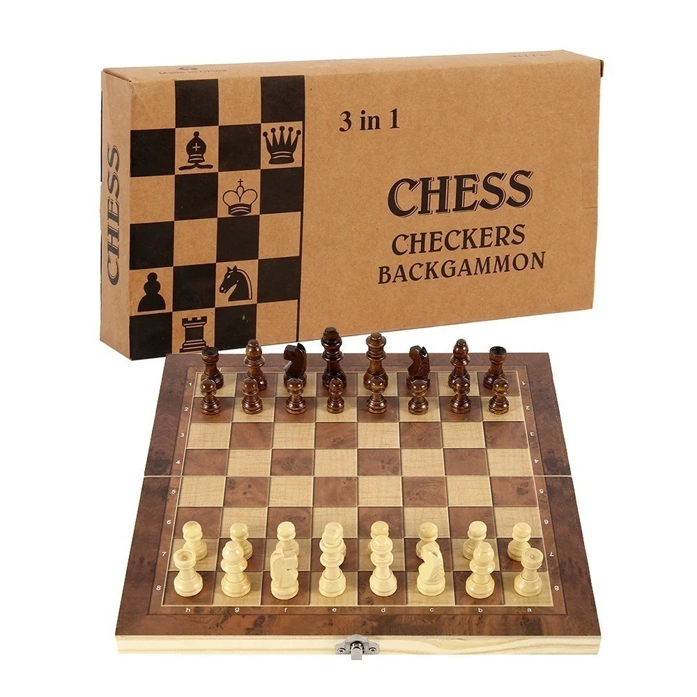 Wooden 3 in 1 Folding Chess Checkers Backgammon 24CM Competitive Game Not Magnetic Chess Set