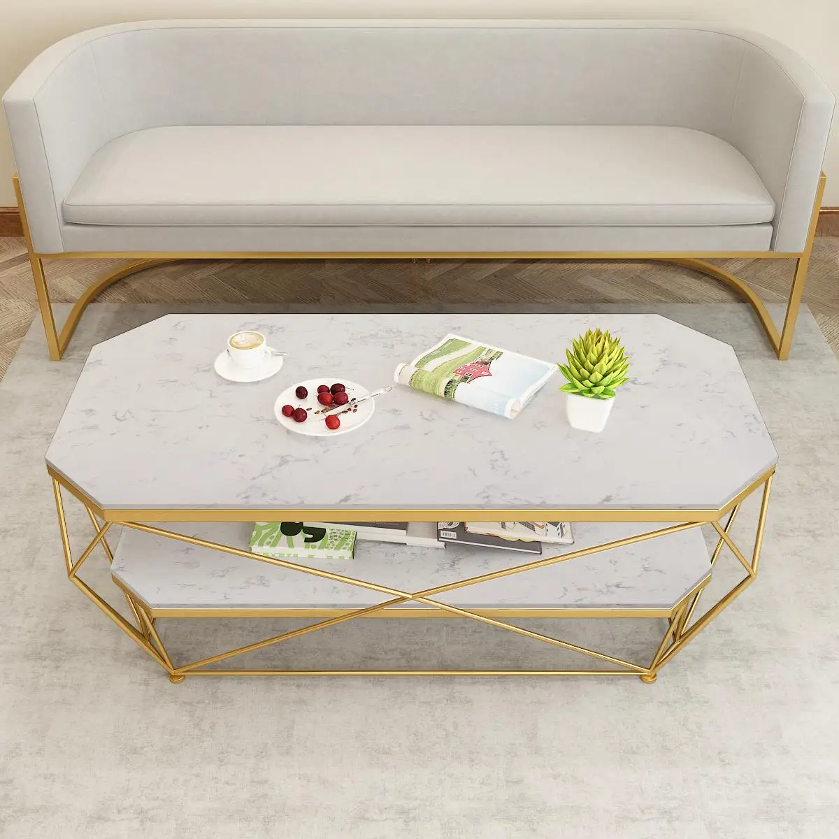 Simple Nordic living room rectangular iron marble creative fashion light indian wire metal glass coffee table