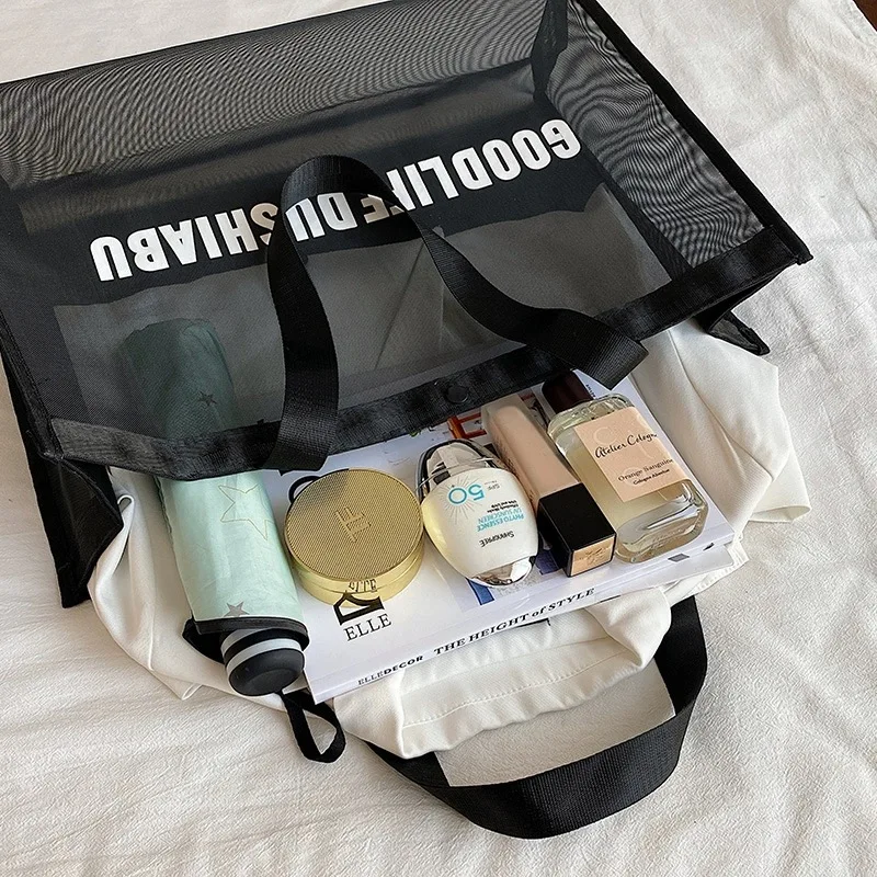 Wholesale custom women transparent mesh beach bag with big folding reusable produce mesh bags net bag for grocery