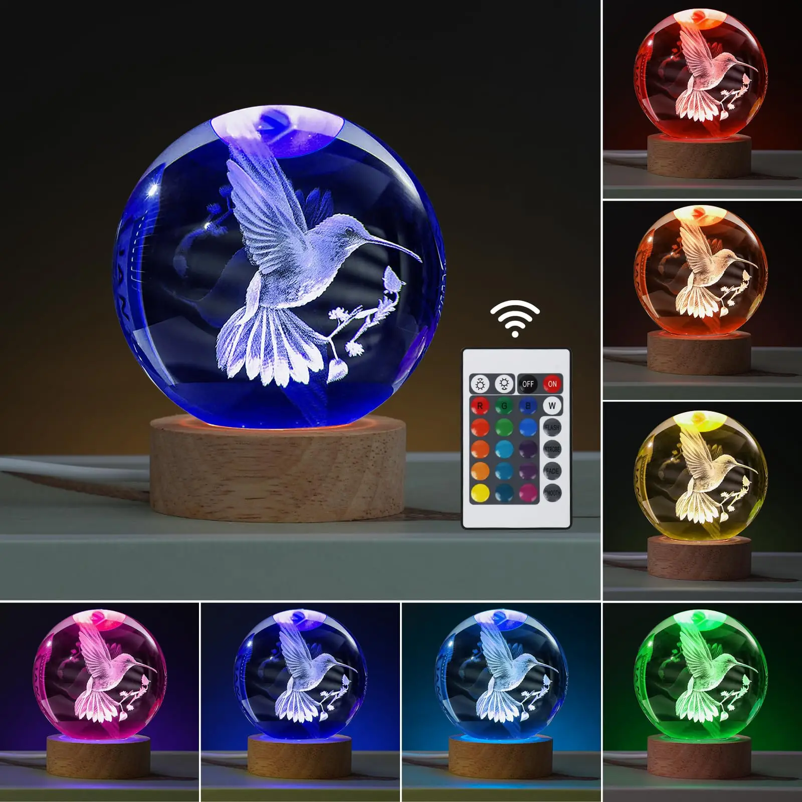 3D Laser Engraved Led Luminous Led Light Crystal Ball 3D Bird Crystal Bird Night Light for Kids Bedroom Decor