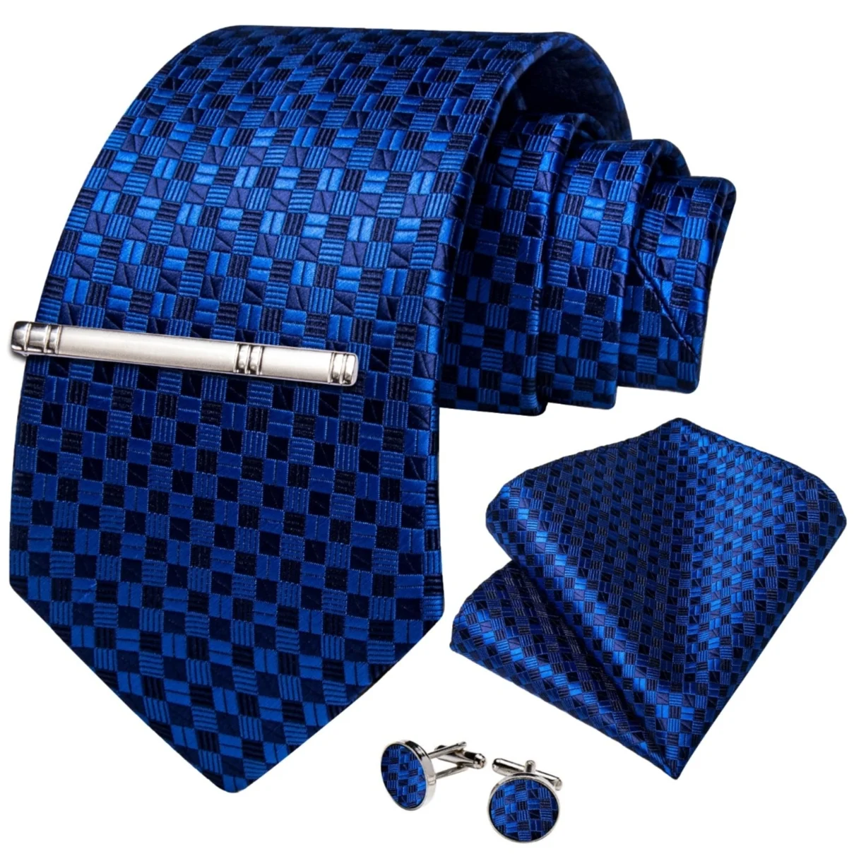 100% Pure Silk Weave Woven Jacquard Navy Blue Tie and Hanky Tie-bar Necktie Customization for Men Classic Ties