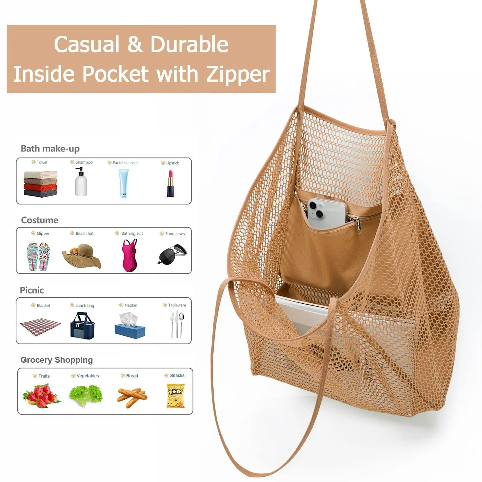 Fashion Mesh Beach Tote Bag Outdoor Polyester Women foldable Shoulder Handbag Custom Beach Tote Bags