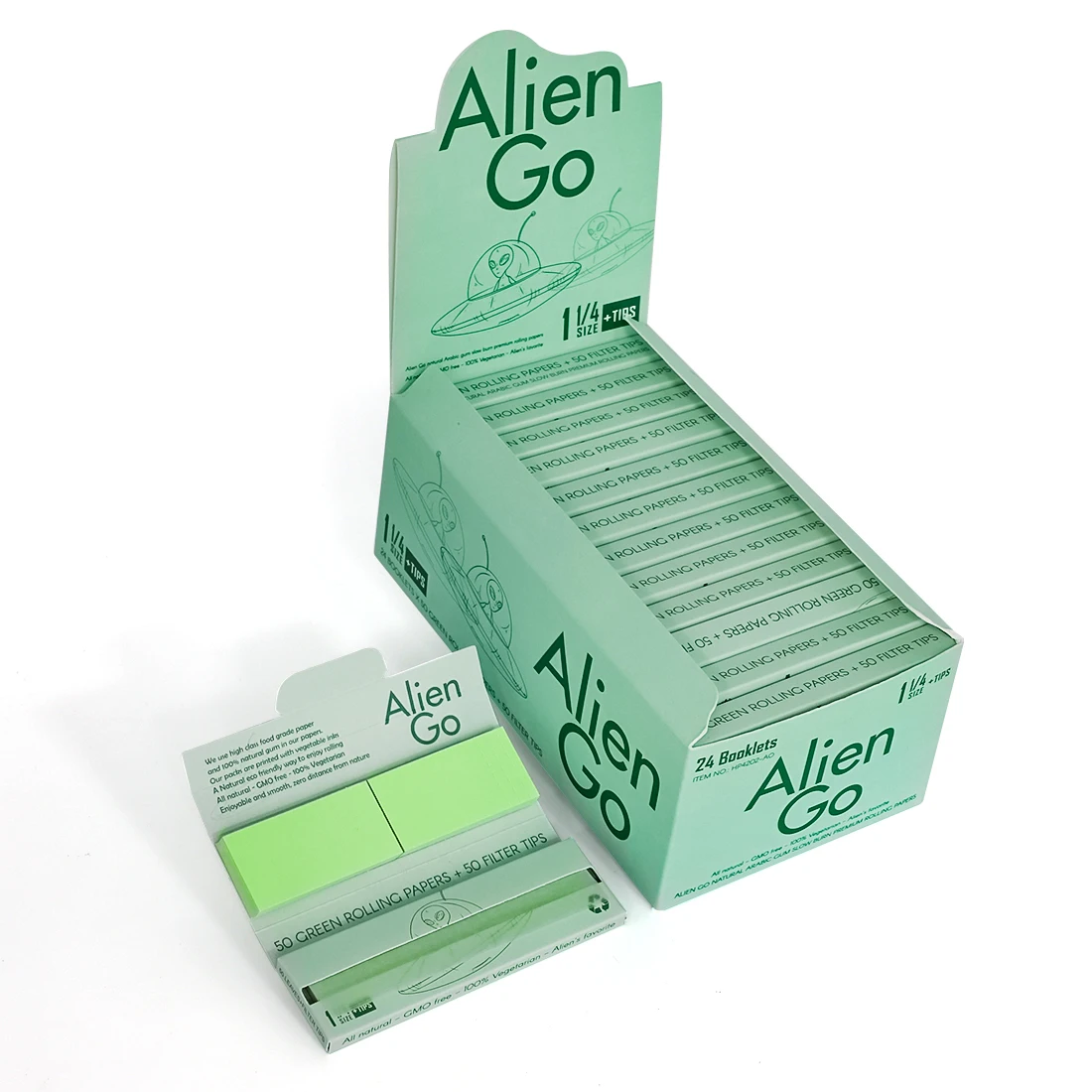Alien Go Smoking Rolling Paper 1 1/4 Size Organic Green Paper 50 Leaves with Filter Tip for Wholesale Custom Logo Smoking Paper