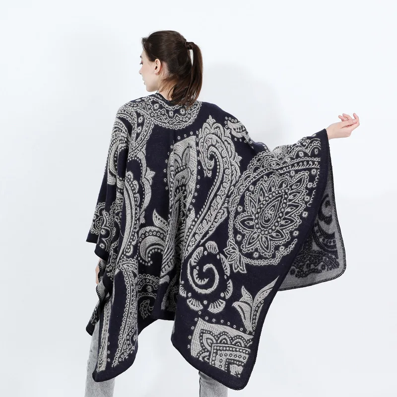 OEM Black Paisley  Acrylic Poncho Shawl New Black pattern women poncho  Classic Paisley Jacquard pattern Print  women  poncho