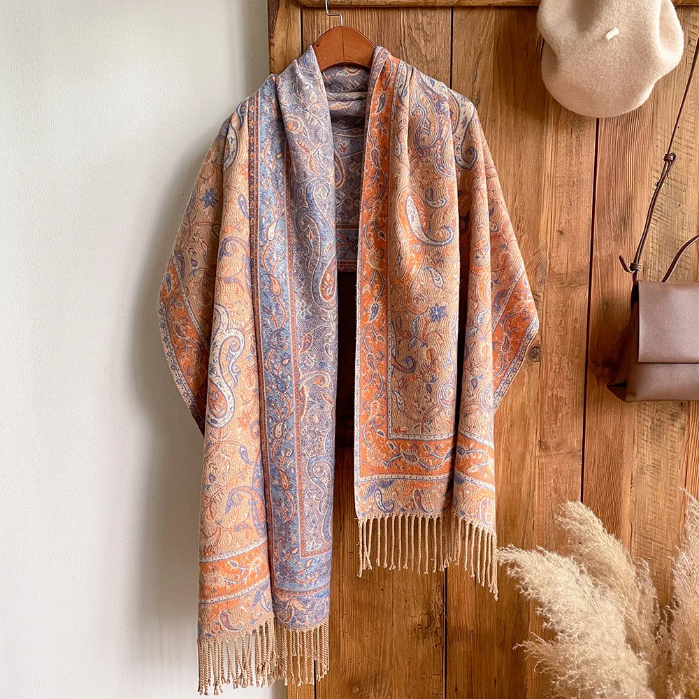 Custom Logo Ethnic Floral Cashew Scarf For Women Retro Tourist Jacquard Polyester Cashmere Tassel Upgraded Shawl