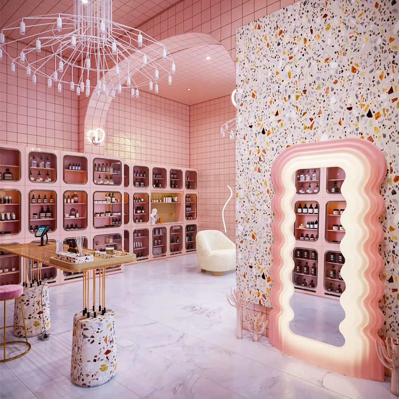 CIRI Pink Fashion Custom Cosmetics Display Shelves Shopping Mall Makeup Display Wall Shelf Beauty Shop Cosmetic Showcase