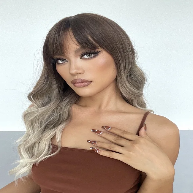 A417  air bangs big wave long curly hair gradient brown black Brown multicolor European and American style wig female