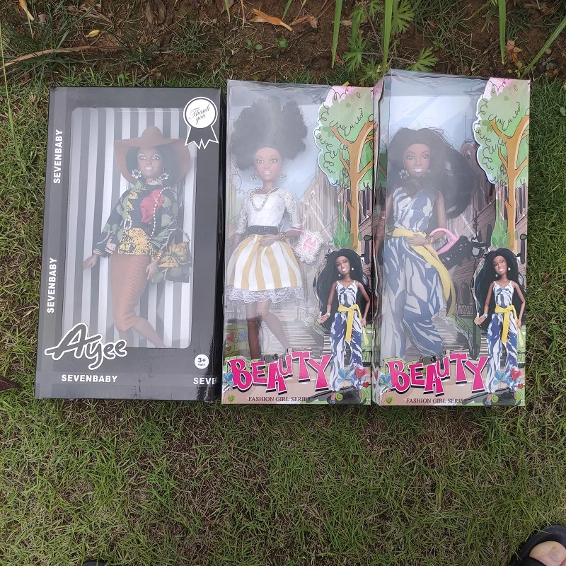 Popular black-skinned curly African black doll with box and dress