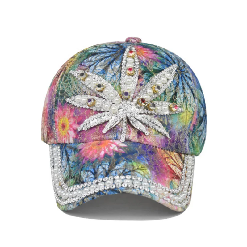 Hot Sell Baseball Hat Luxury Design Fashion Cap Rhinestone Weed Baseball Cap Bling Marijuana Baseball Cap