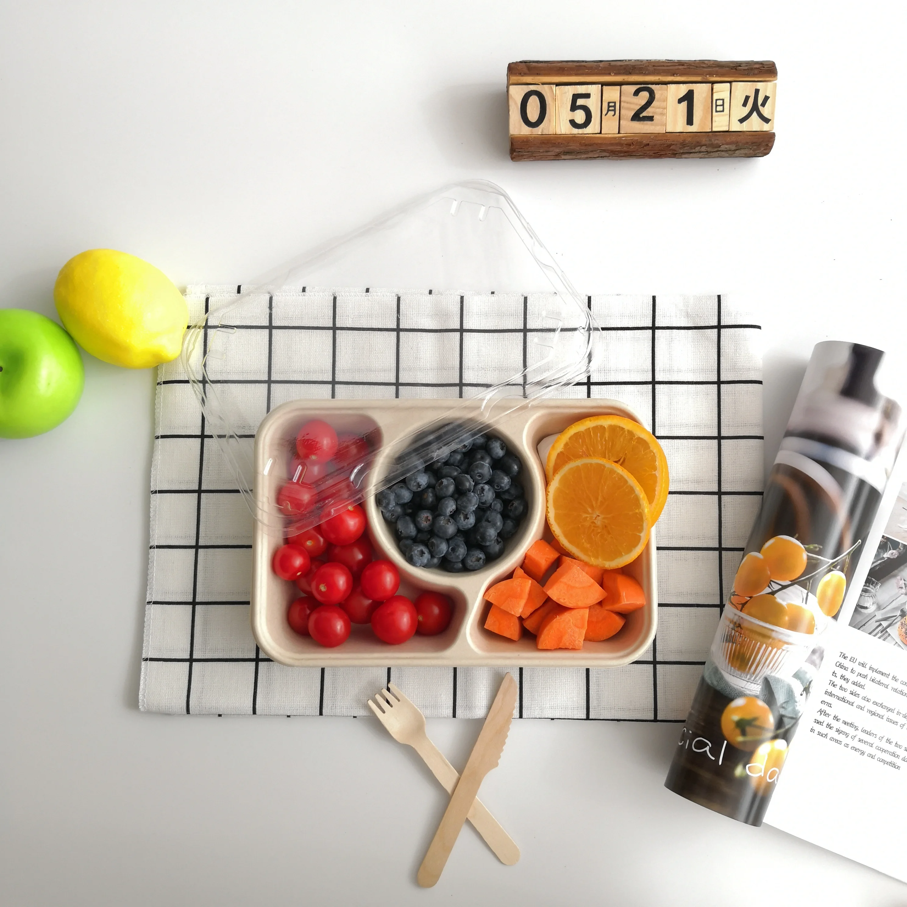 Bagasse 3 Compartment Pasta Paper Tray Fibre Tray Lunch Tray With Lid Paper Plate Supplier Fast Food Dish Fast Food Plates