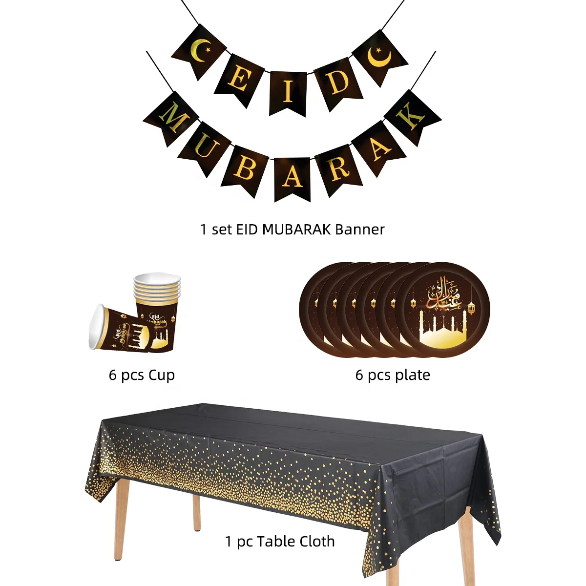 EID Decorations Supplies For  Muslin Ramadan EID Paper Plates Cups Tablecloth
